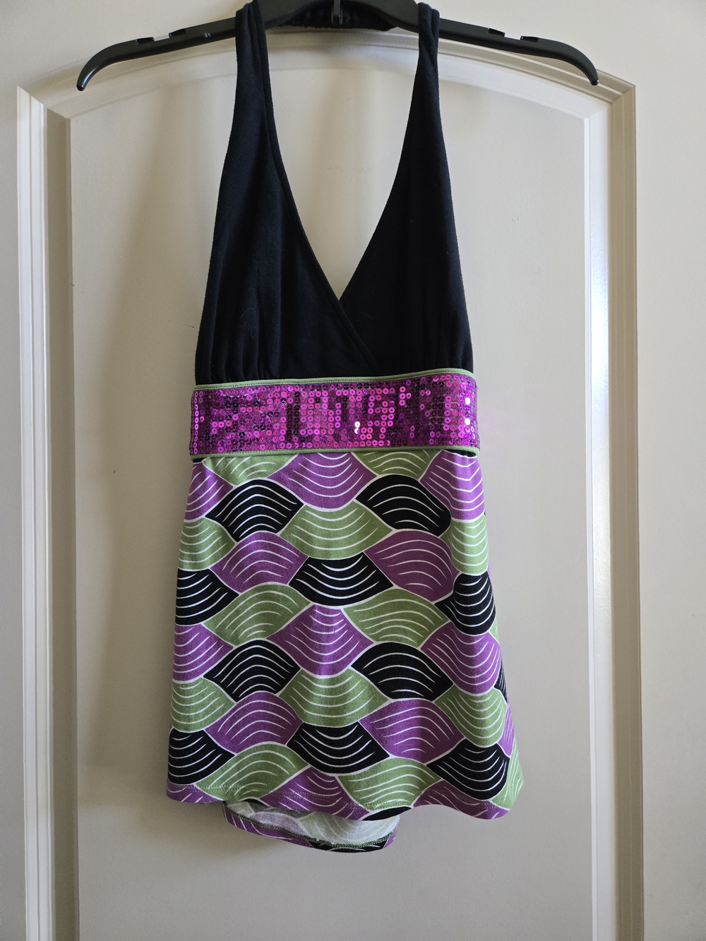 Bisou Bisou Black Halter Dress with Fuchsia Sequin Band and Green Accents